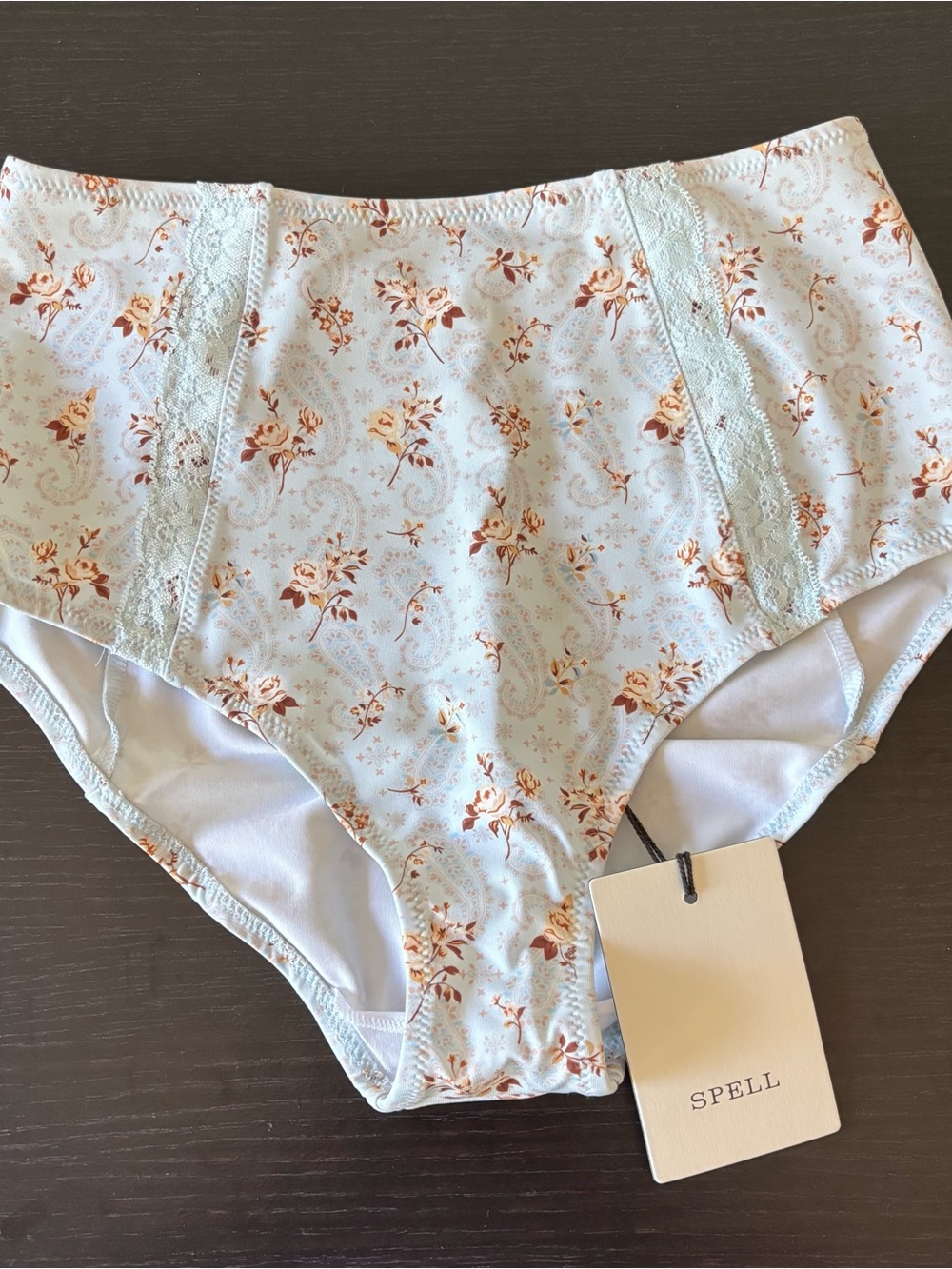 Spell Fleur Lace High-Waist Brief panty - Teapot Blue - Large NWT New